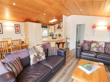 An open living room and kitchen with two sofas, a wooden dining table, and a kitchen island at Fell View Lodge in Troutbeck