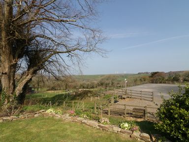 A fenced gravel area next to a garden with flowers and a large tree in the countryside at The Coach House in St Columb Major