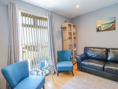 A living room with blue chairs a black leather sofa a glass side table and a wooden bookcase at The Lookout -The House With A View in Weymouth