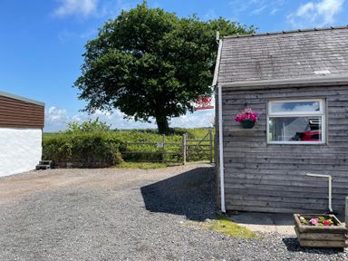 A gravel driveway next to a wooden-sided building with a window and flower pot and a large tree near a wooden gate at Dairy Cottage in Tavernspite near Narberth
