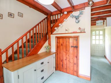 A hallway with wooden staircase green carpet and wooden cabinet at Isaacs Cottage Spartylea near Allendale