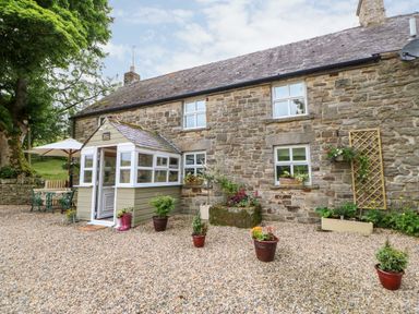 Stone cottage with a small porch surrounded by potted plants and gravel area at Isaacs Cottage Spartylea near Allendale