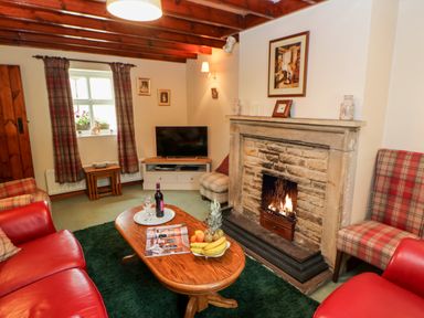 A living room with a fireplace a wooden coffee table with fruit and wine a television and red and plaid chairs at Isaacs Cottage Spartylea near Allendale