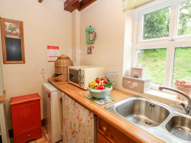 A kitchen counter with a microwave basket and bowl of vegetables next to a double sink under a window at Isaacs Cottage Spartylea near Allendale