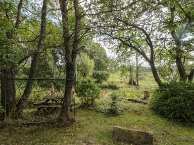 A garden area with trees bushes a wooden picnic table metal trellis and a wooden chair at West Burnbank in Tarset near Bellingham