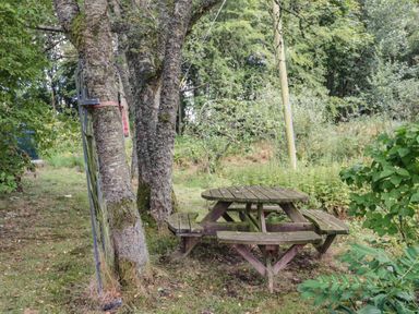 A round wooden picnic table with attached benches under trees in a grassy outdoor area at West Burnbank in Tarset near Bellingham