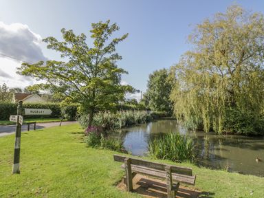 A bench by a pond with trees and a road sign pointing to Rugeley at Hen House View in Rugeley