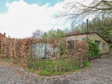 A small wooden building with windows surrounded by a leafless hedge and gravel driveway at Hen House View in Rugeley