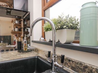 A kitchen countertop with a black sink and chrome faucet next to a window with white plant pots and a green container at The Lily Pad in Camborne
