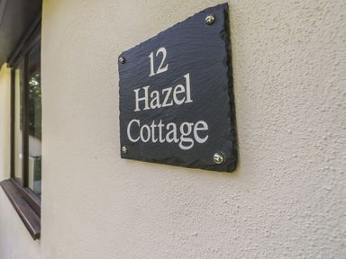 A house name plaque reading 12 Hazel Cottage on an exterior wall near a window at Hazel Cottage in Poughill near Bude
