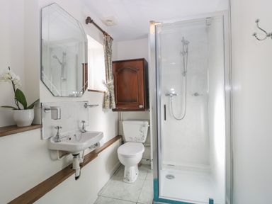 A bathroom with a shower cubicle sink toilet wooden cabinet and a potted plant at Pike Cottage in Acton Turville near Chipping Sodbury