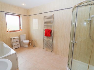 A bathroom with a bathtub toilet sink small cabinet glass shower and towel rack at Rossanean in Farranfore near Killarney County Kerry