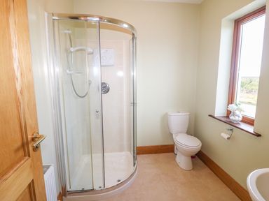 A bathroom with a corner shower enclosure a toilet and a window with flowers on the sill at Rossanean in Farranfore near Killarney County Kerry