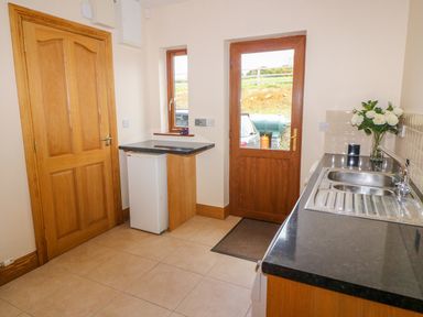 A kitchen with a wooden door a small refrigerator under a countertop a glass door a stainless steel sink and flowers in a vase at Rossanean in Farranfore near Killarney County Kerry