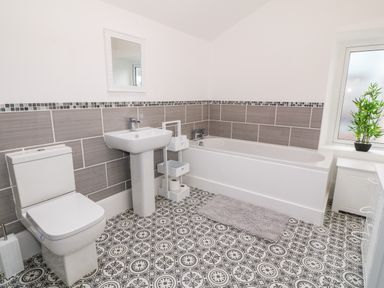 A bathroom with a toilet sink bathtub mirror plant and patterned floor tiles at Lyngaran House in Holyhead