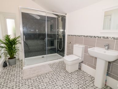 A bathroom with a glass shower enclosure a toilet a pedestal sink a mirror a potted plant and patterned floor tiles at Lyngaran House in Holyhead