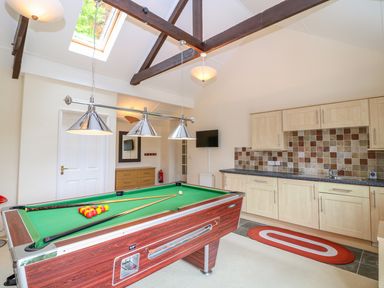 A room with a pool table, overhead lights, kitchen cabinets with a tiled backsplash, a wall-mounted TV, and a skylight at Lambkin Cottage in St Columb Major