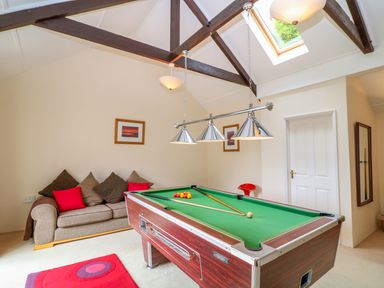A recreation room with a pool table couch with pillows and a skylight at Lambkin Cottage in St Columb Major