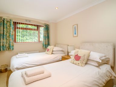 A bedroom with two single beds with white bedding and decorative pillows with a dog pattern at Lambkin Cottage in St Columb Major