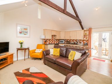 A living room with a brown leather sofa yellow cushions an orange armchair and a wooden TV stand at Lambkin Cottage in St Columb Major