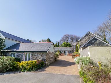 A driveway with stone buildings on both sides and plants along the edges at Cornflower Cottage in St Columb Major