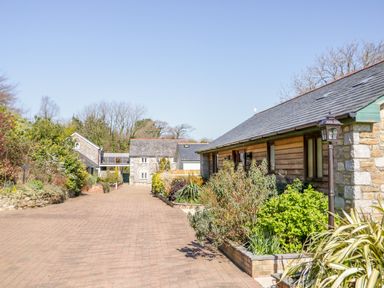 A driveway with planted bushes and stone buildings under a clear sky at Kingcup Cottage in St Columb Major