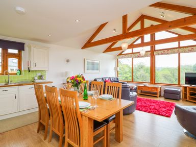 An open plan kitchen dining and living area with wooden dining table and chairs brown leather sofas and large windows overlooking trees at Kingcup Cottage in St Columb Major