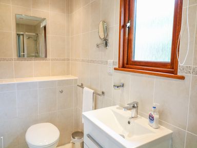 A bathroom with a toilet sink and window at Kingcup Cottage in St Columb Major