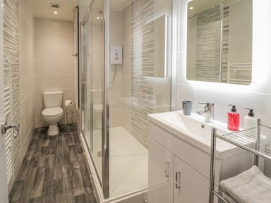 A bathroom with a toilet shower cubicle sink with mirror and a metal shelf at Beside The Sea - In Town in Llandudno