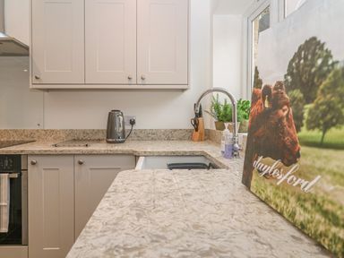 A kitchen countertop with a kettle a sink and a cow picture near a window at Dolphin House in Burford