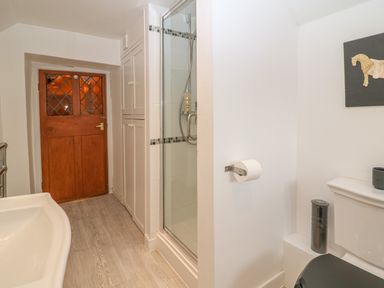 A bathroom with a shower cubicle a wooden door a toilet with a toilet paper holder and cabinets at Dolphin House in Burford