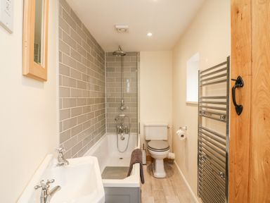 A bathroom with a bathtub shower combination a toilet a sink a heated towel rack and a wooden door at Tillys Cottage in Edington