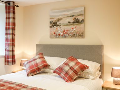 A bedroom with a bed with plaid pillows and curtains and a landscape painting above the bed at Tilly's Cottage in Edington