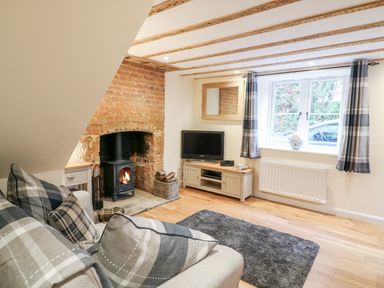A living room with a wood burning stove an armchair with plaid pillows a TV on a cabinet and a window with curtains at Tillys Cottage in Edington