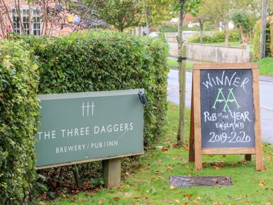 A green sign for The Three Daggers brewery pub inn next to a wooden chalkboard sign showing AA Pub of the Year England 2019-2020 award on grass near a road