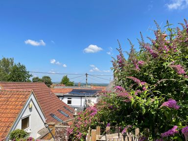 A view of rooftops with solar panels and pink flowering bushes under a blue sky at Tilly's Cottage in Edington