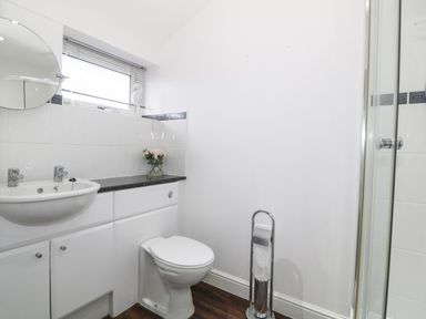 A bathroom with a sink mirror toilet and glass shower door at 8 Marina View in Pwllheli