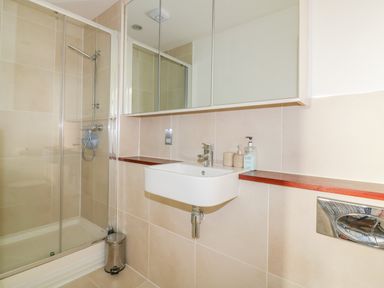 A bathroom with a glass shower enclosure a white sink with a mirror cabinet and soap dispensers at 28 Zenith in Porth