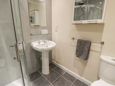 A bathroom with a shower enclosure a pedestal sink a wall mirror a towel rail with a towel and a toilet at Melin Newydd in Porthmadog