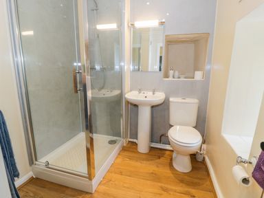 A bathroom with a glass shower enclosure a white pedestal sink and a toilet with wooden flooring at Bwthyn Pennant in Porthmadog