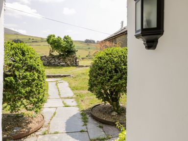 A stone pathway leading through a garden area with rounded bushes and a stone wall in the background at Bwthyn Pennant in Porthmadog