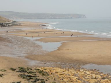 A sandy beach with scattered rocks and people walking near the shoreline at Premier, Transit & Lady Hilda @ Engine Shed in Whitby