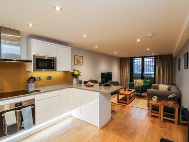 A kitchen and living room area at Premier, Transit &amp; Lady Hilda @ Engine Shed, Whitby