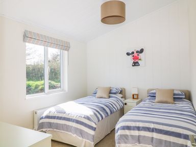 A bedroom with two single beds striped bedding a window and a nightstand at Ash Lodge in Teigngrace near Newton Abbot
