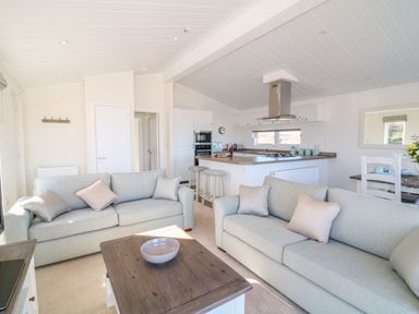 A living room with two sofas and a wooden coffee table next to a kitchen with bar stools at Beech Lodge in Teigngrace near Newton Abbot