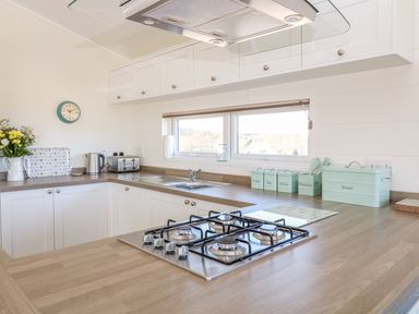 A kitchen with a gas stove on a wooden countertop and white cabinets at Beech Lodge in Teigngrace near Newton Abbot