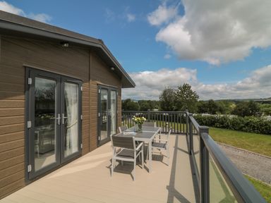 A deck with a table and four chairs outside a wooden house with glass doors at Beech Lodge in Teigngrace near Newton Abbot
