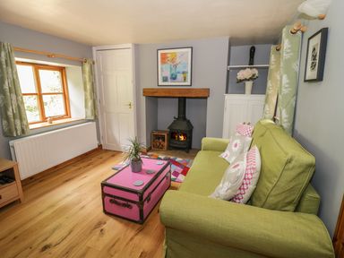 A living room with a green sofa pink trunk coffee table a fireplace and a window at Cottage on the Common in Westbury-on-Severn