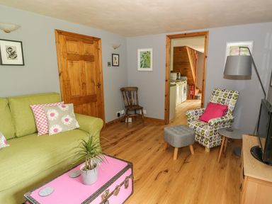 A living room with a green sofa and floral cushions a patterned armchair with a pink cushion and grey footstool a wooden chair a pink coffee table with a potted plant and a television on a wooden stand at Cottage on the Common in Westbury-on-Severn