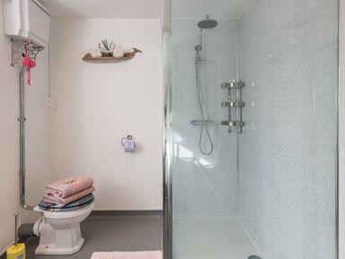 A bathroom with a toilet and shower area with metal shelves at Be Our Guest Cottage in Chacewater near Truro